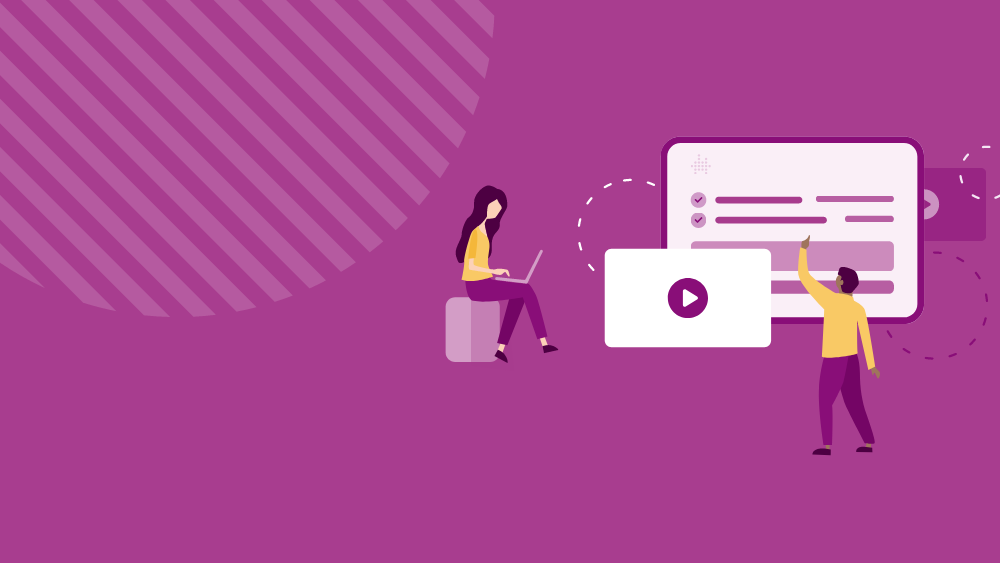 Purple background with illustrations of person working on computer