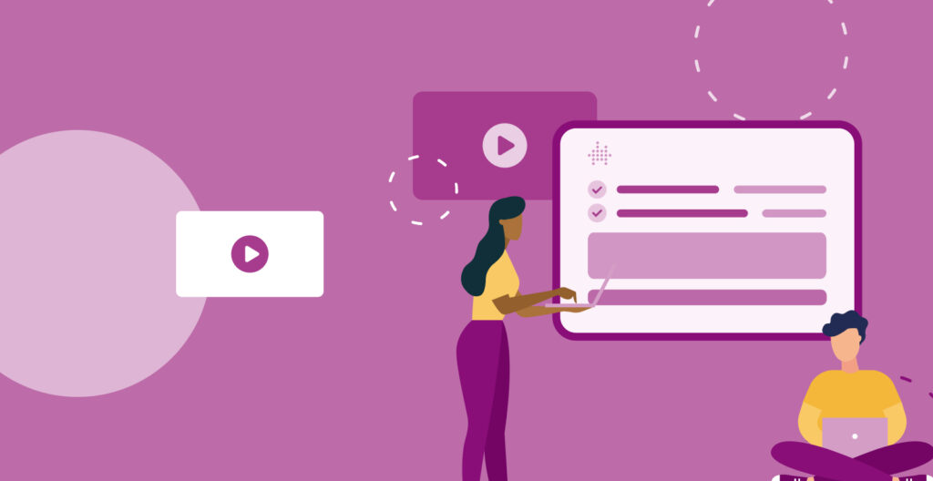 Illustrated image of people and computer screens, in colors purple and yellow