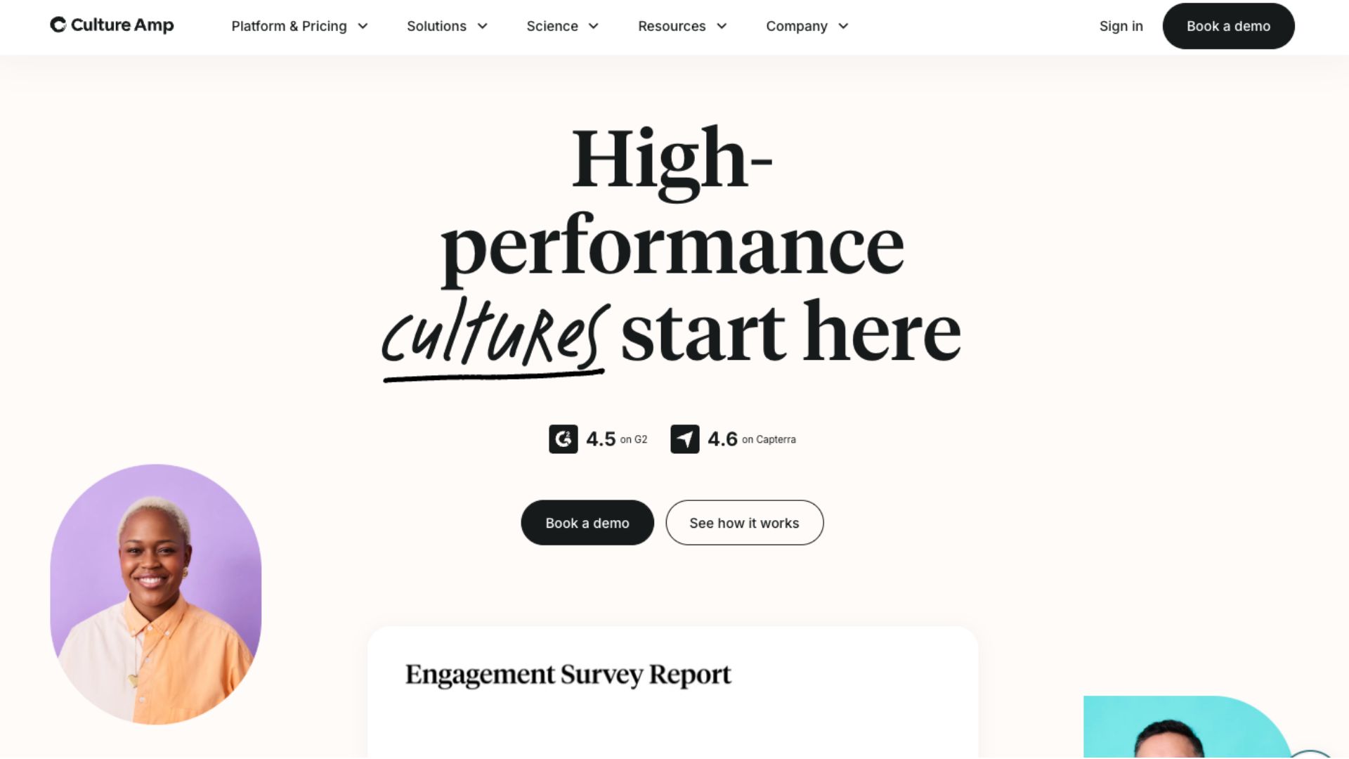 A screenshot of Culture Amp’s website home page