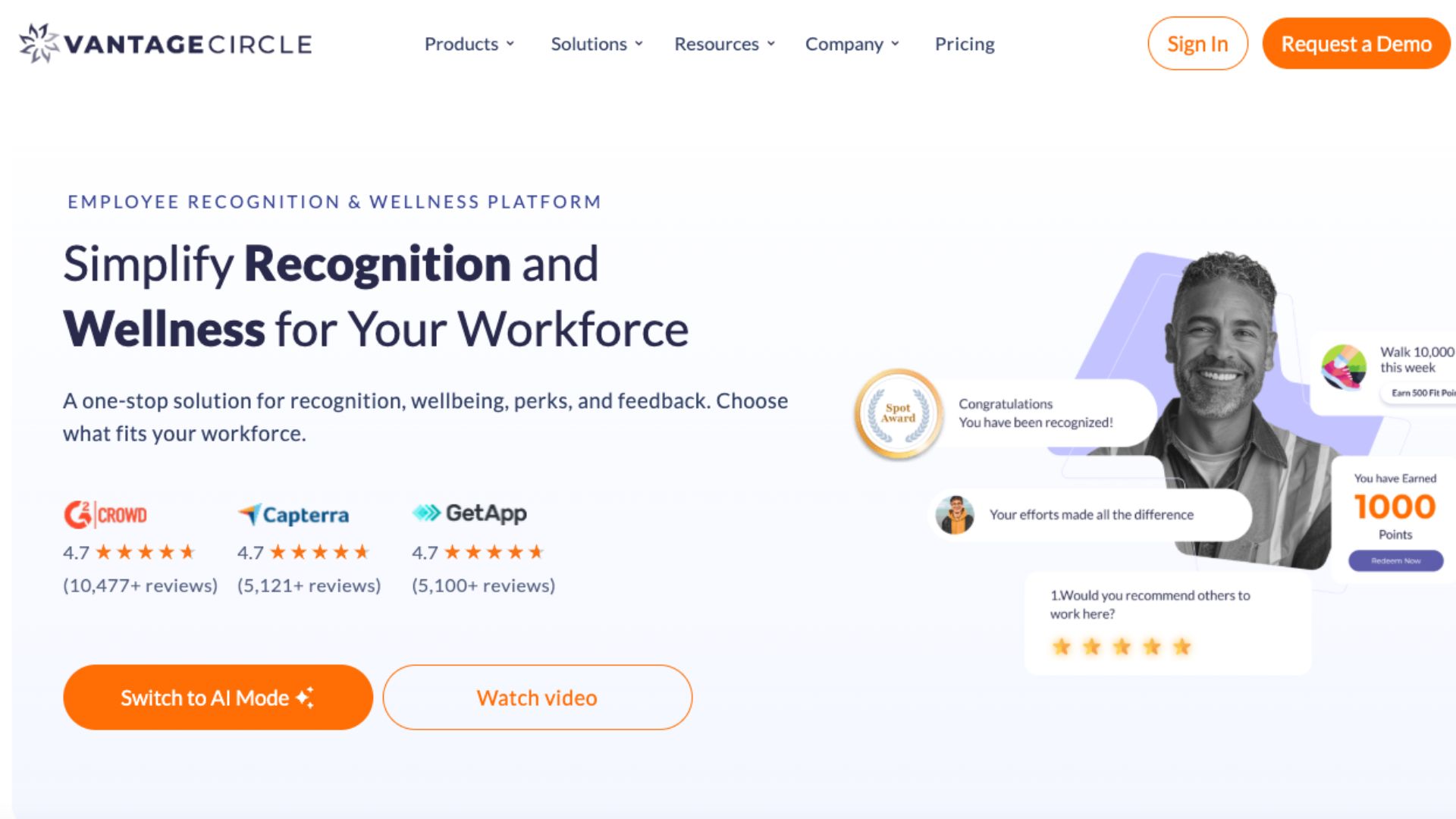 A screenshot of Vantage Circle’s website home page