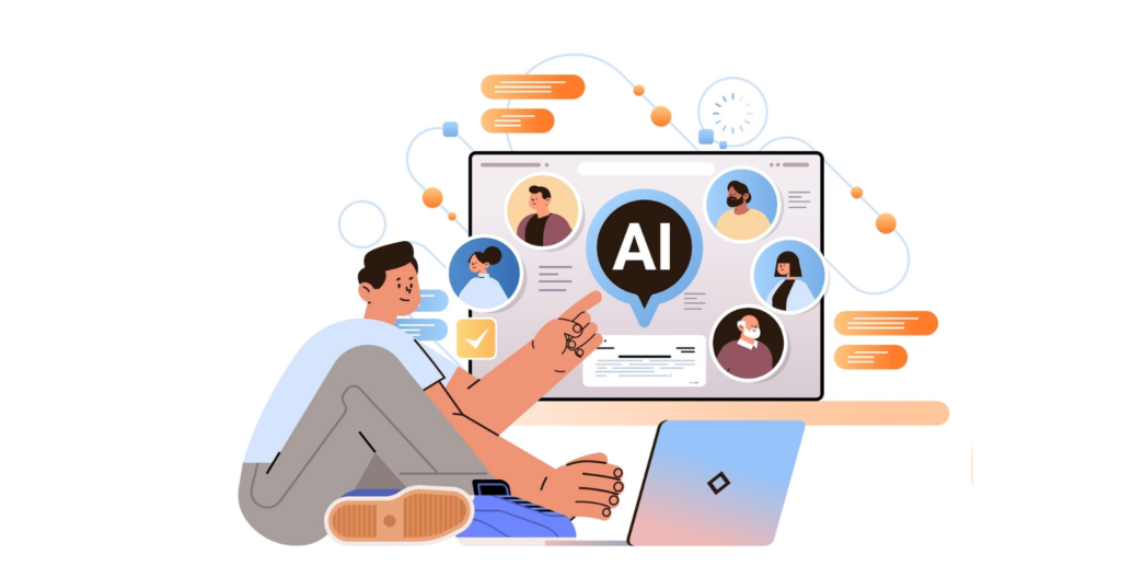 Illustration of a person using a laptop while pointing to a large screen displaying “AI” surrounded by diverse profile icons and chat bubbles, representing AI-powered communication or collaboration.