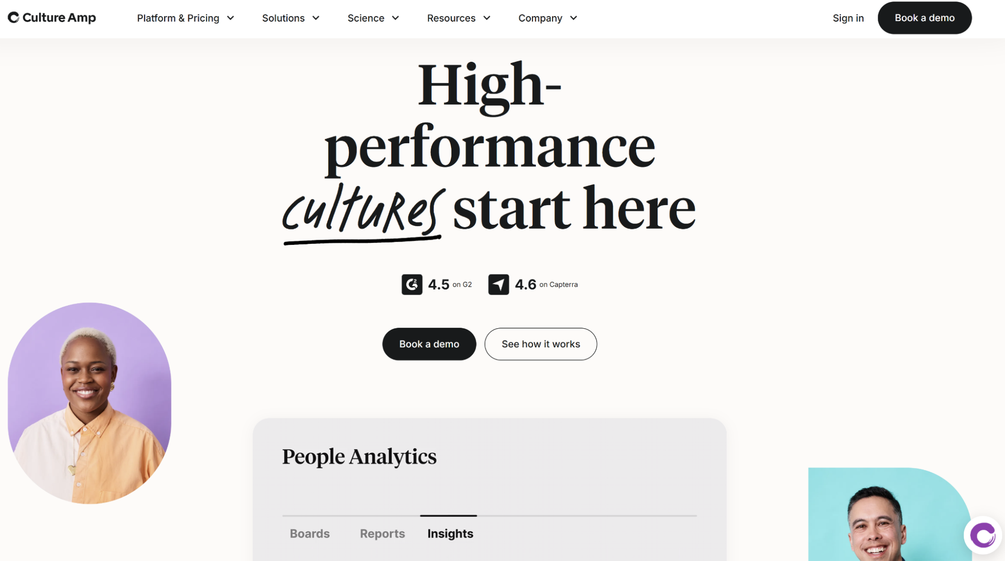 A screenshot of Culture Amp’s website home page