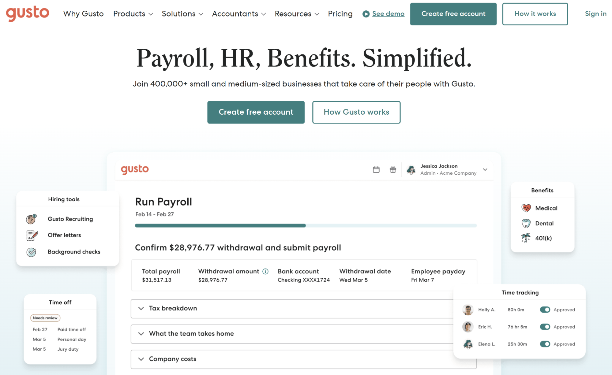 A screenshot of Gusto’s website home page