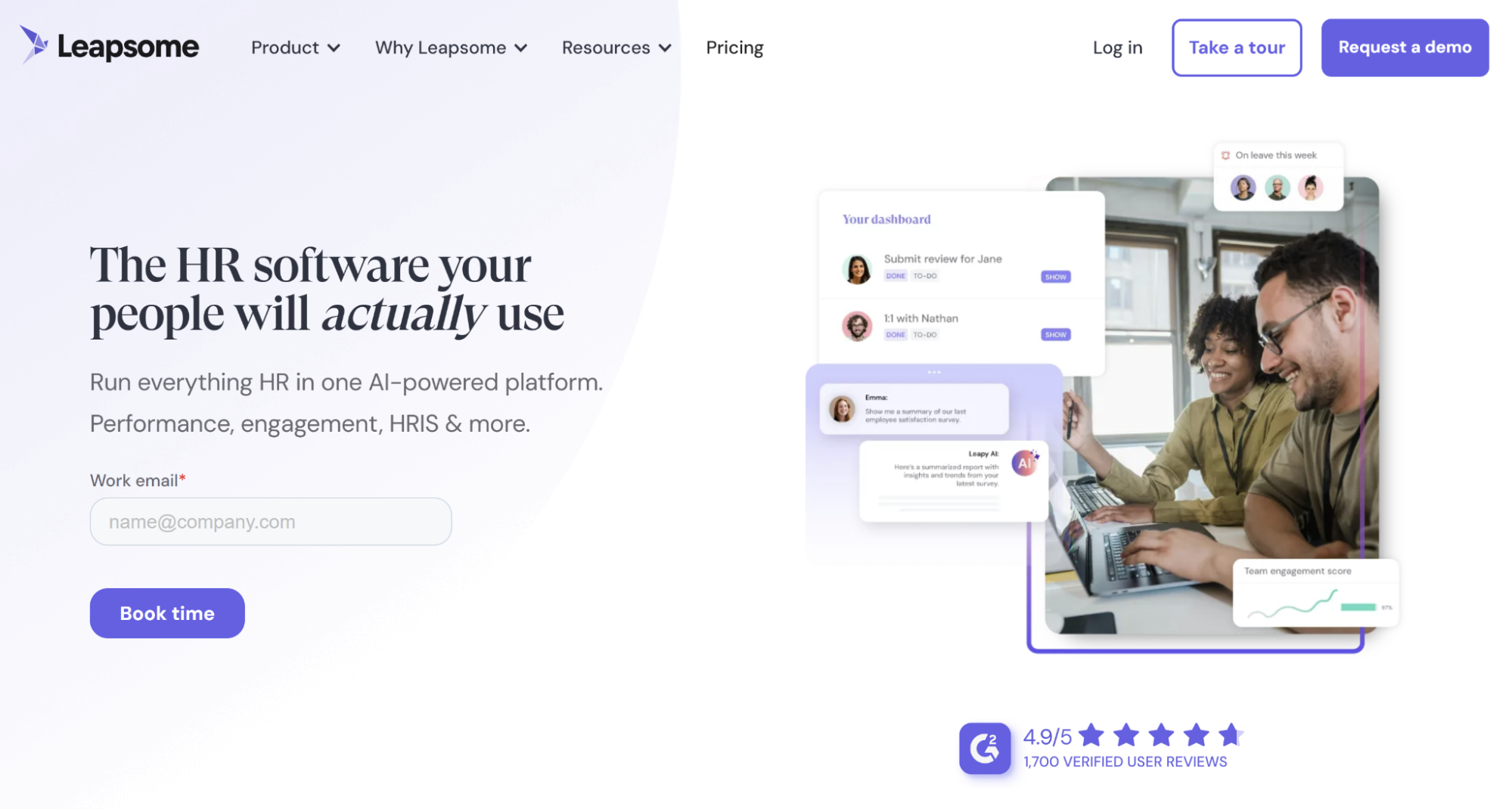 A screenshot of Leapsome’s website home page