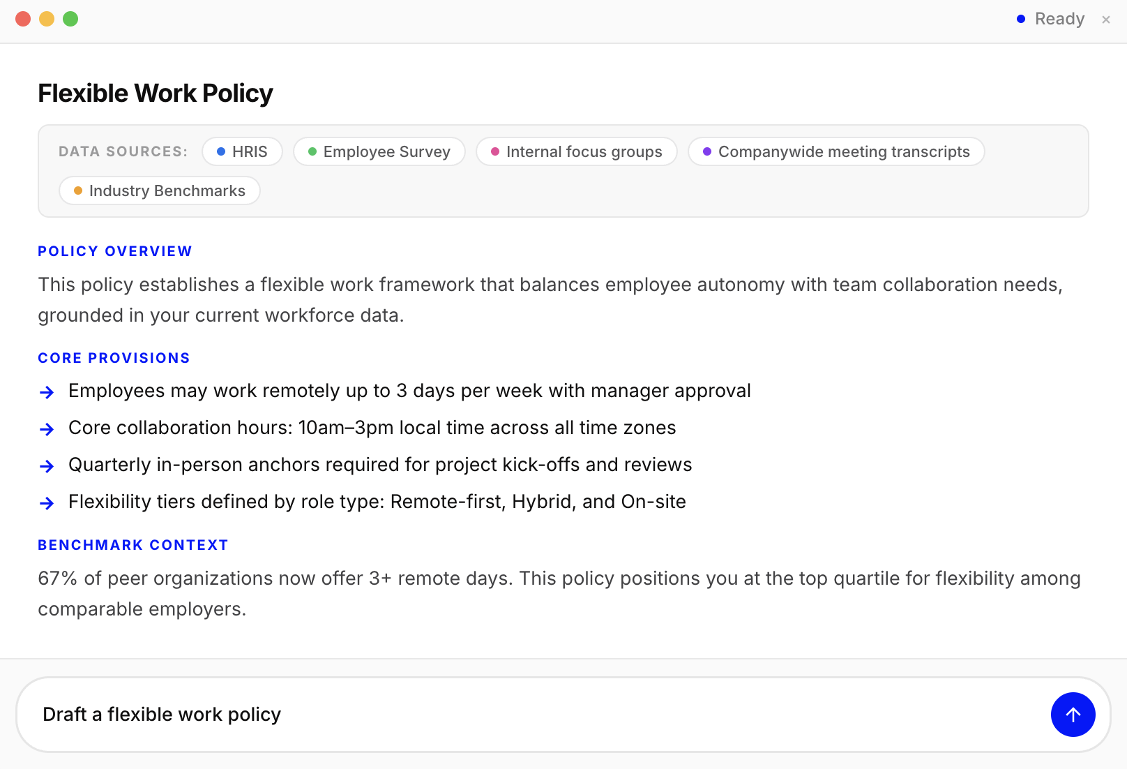Surface-generated flexible work policy created from workforce data, employee feedback, and benchmarks
